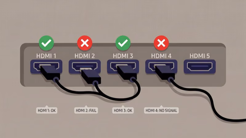 Back panel of Insignia TV showing three labeled HDMI ports for cable connection testing