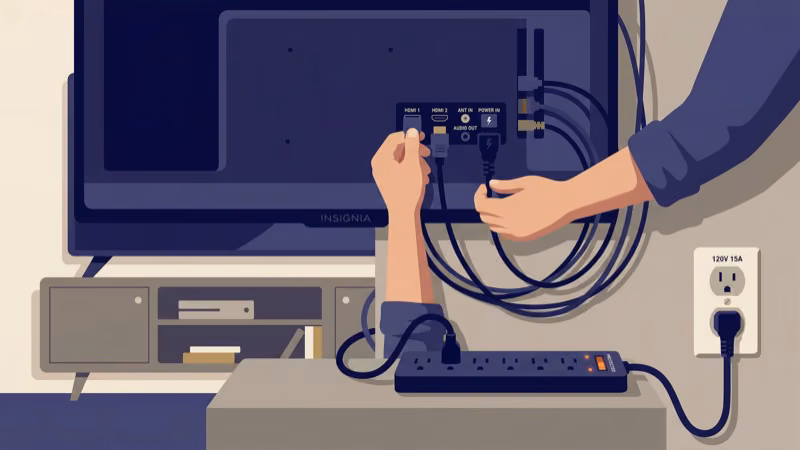 Checking and reseating power cable on back of Insignia TV stand