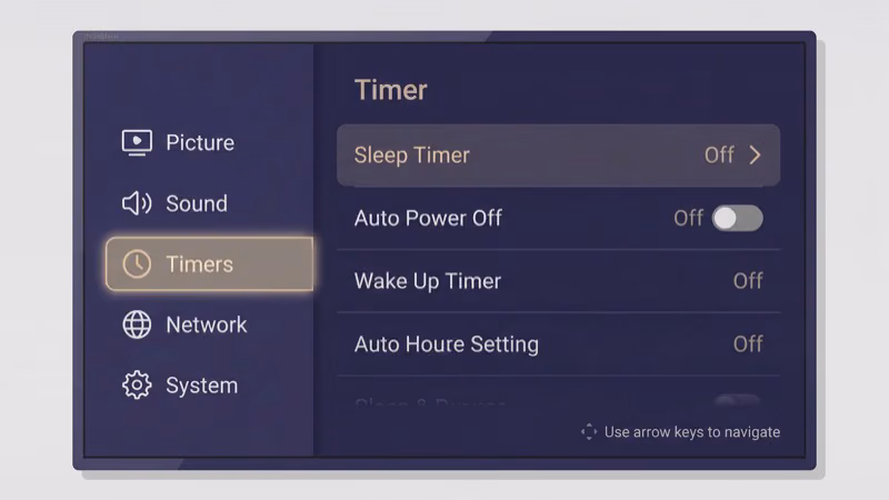 Insignia Fire TV sleep timer settings menu showing auto-off options