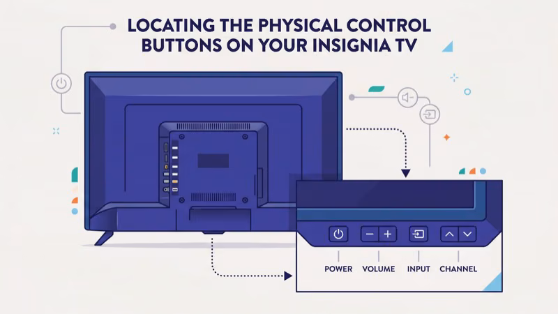 Insignia TV bottom edge showing physical power volume and input buttons location