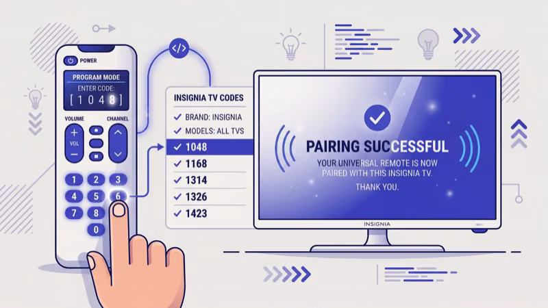 GE universal remote being programmed with Insignia TV code 1756 for setup