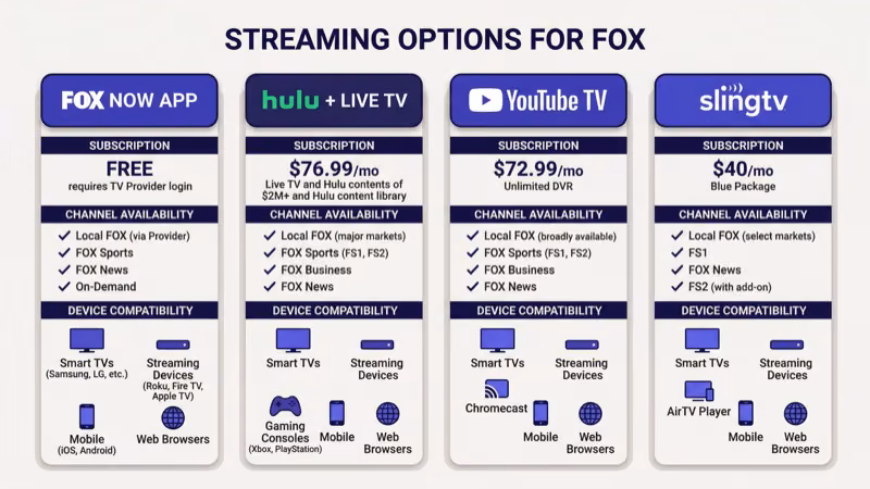 Comparison chart of streaming services that include Fox channels and pricing