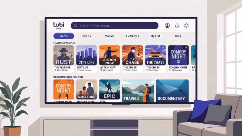 Tubi streaming app home screen showing free Fox content library on a smart TV