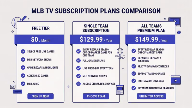 MLB TV pricing tiers showing annual and monthly plan costs on Amazon Prime