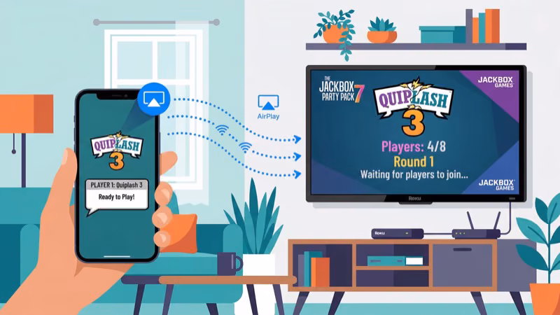 iPhone Screen Mirroring panel with Roku TV selected to display Jackbox game