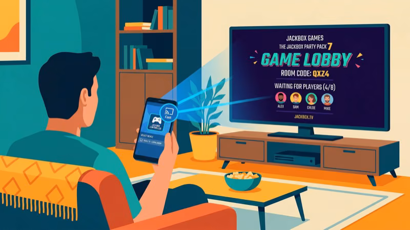 Android phone Quick Settings showing Cast button mirroring Jackbox game to Roku TV