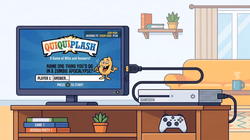 PS5 console connected to Roku TV HDMI port showing Jackbox Party Pack menu