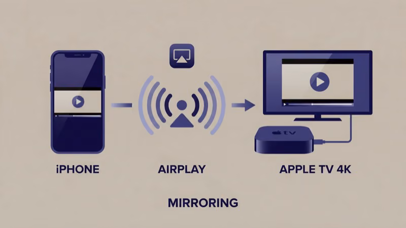 iPhone Control Center showing AirPlay screen mirroring to Apple TV for Jellyfin