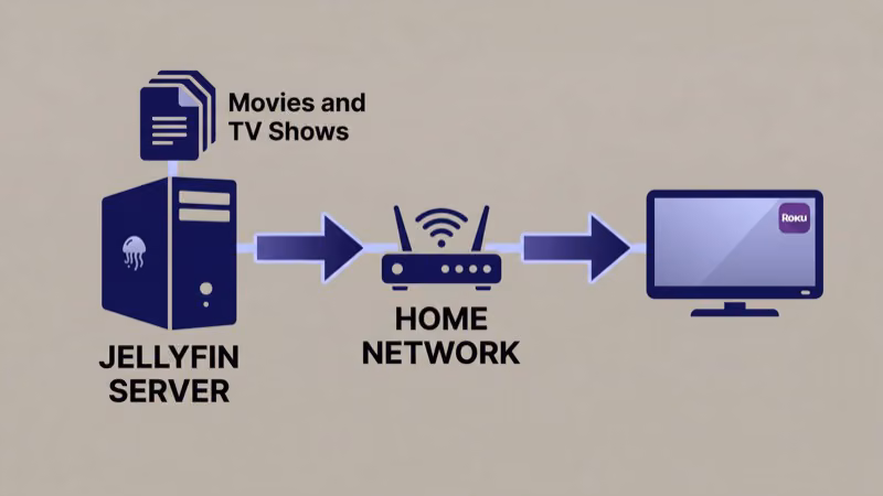 Jellyfin media server setup connected to home network and Roku