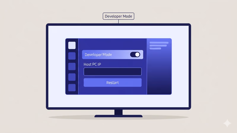 Samsung TV developer mode settings screen with toggle and host PC IP field