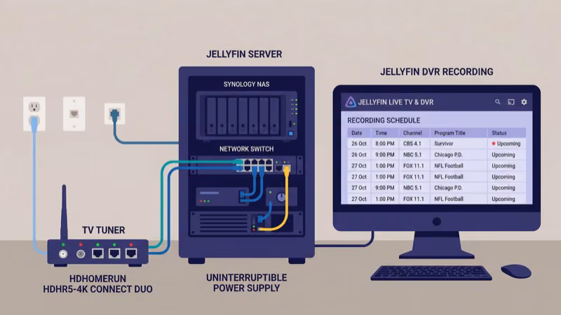 Jellyfin DVR recording setup with server and TV tuner device