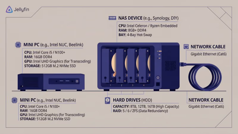 Recommended hardware for Jellyfin media server with NAS and drives