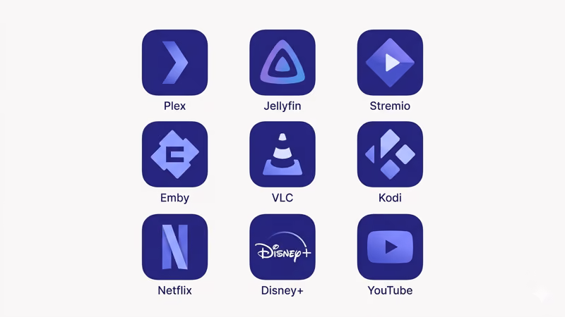 Grid of streaming app and addon icons including Plex Jellyfin and Stremio