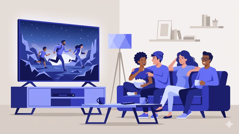 Friends sitting on a couch watching content together on a large screen