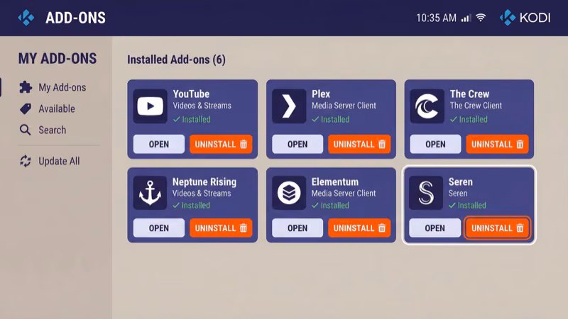 Kodi addon manager with installed addons and remove option
