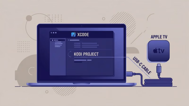 Xcode on Mac showing Apple TV device connected for Kodi sideloading installation