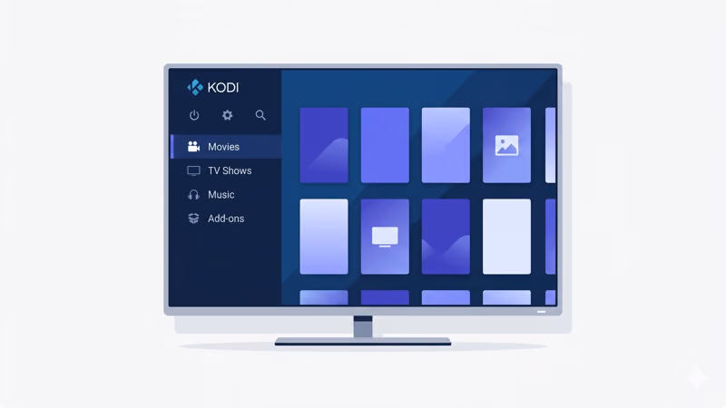 Kodi media player main menu showing Movies TV Shows Music and Add-ons