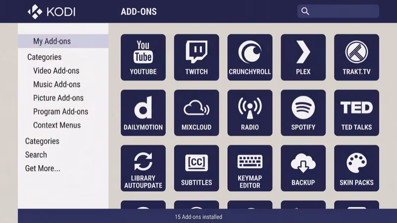 Kodi addon browser showing official repository with streaming plugin options