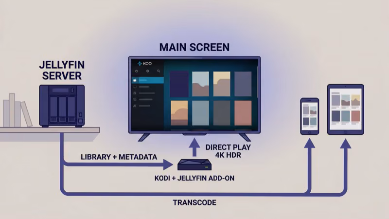 Home media setup with Jellyfin server on a NAS feeding library and transcoded streams to Kodi on NVIDIA Shield TV and mobile clients