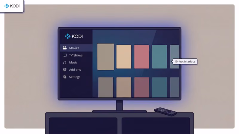 Kodi Estuary home interface on a TV with Movies, TV Shows, Music, and Add-ons sidebar navigation