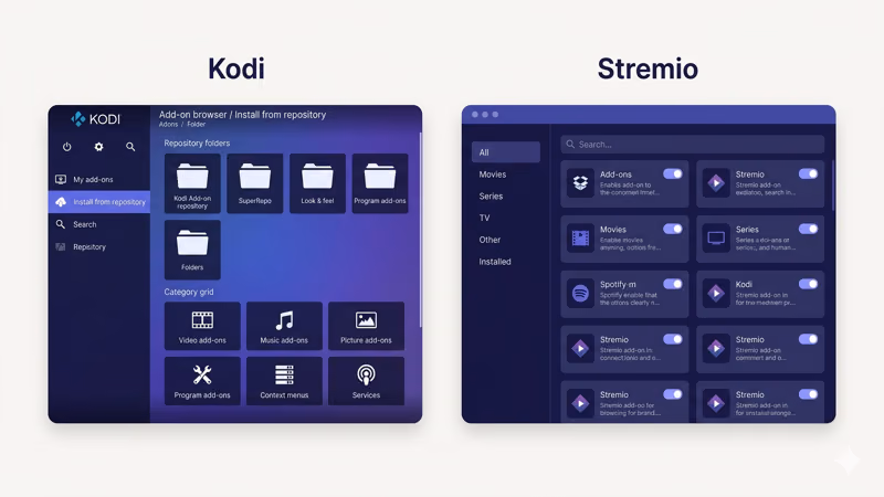 Kodi and Stremio add-on browsing interfaces compared side by side