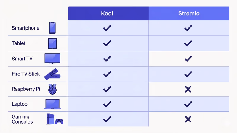 Kodi vs Stremio supported devices grid showing platform compatibility