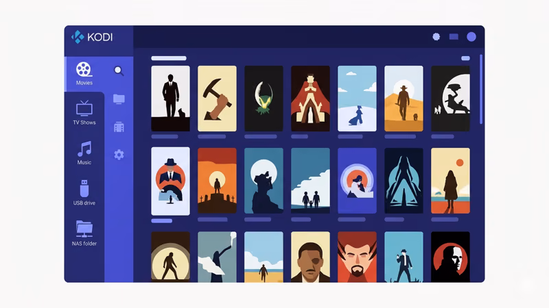 Kodi local media library interface with movie poster grid and sidebar categories