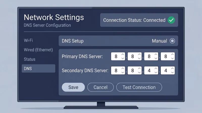 LG TV network settings screen showing DNS server field set to Google 8.8.8.8