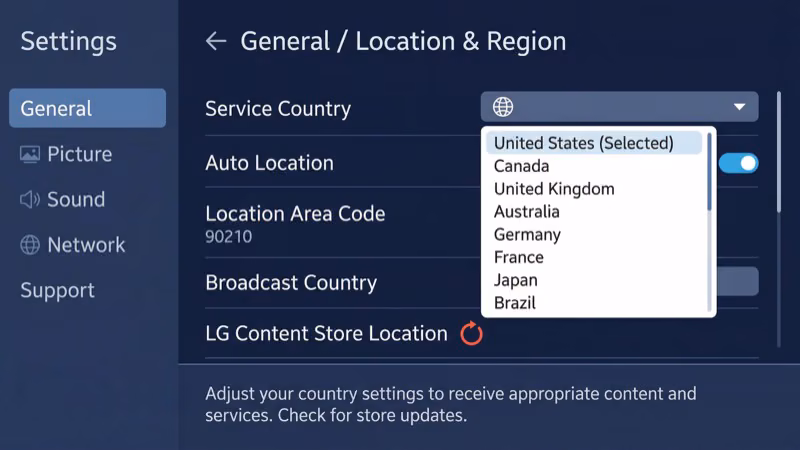 LG webOS location settings menu showing country and ZIP code entry fields
