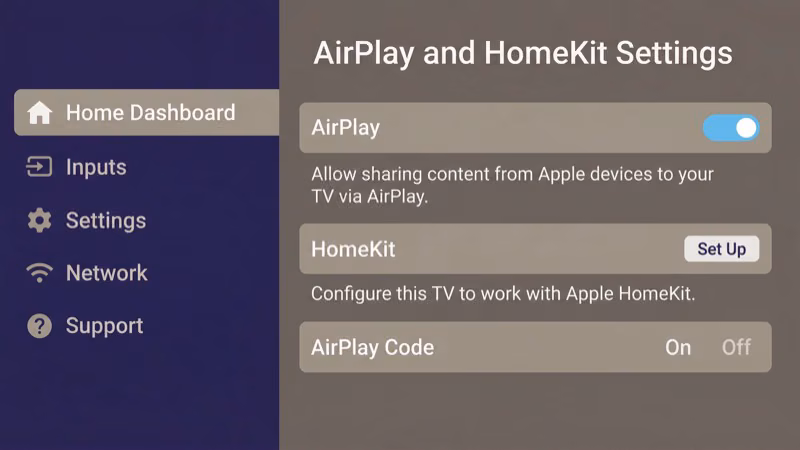 LG TV webOS Home Dashboard showing AirPlay and HomeKit settings toggle enabled