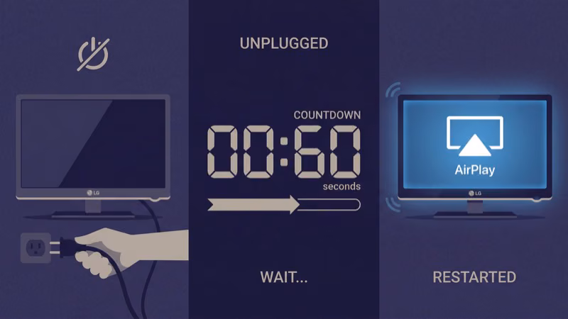Step-by-step diagram for power cycling LG TV to resolve AirPlay connection failures