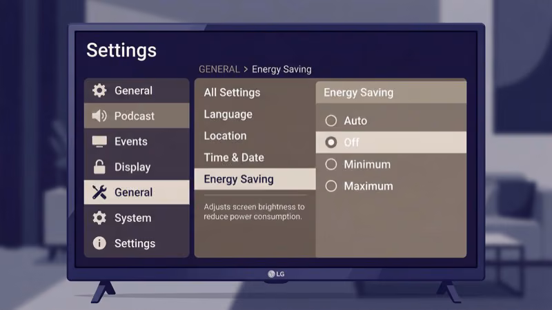 LG TV energy saving settings menu with screen brightness options