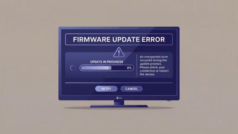 LG TV screen displaying firmware update error message with troubleshooting options