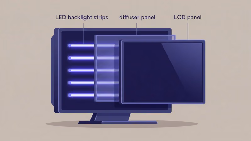 Cross-section diagram showing LED backlight strips behind LCD panel layers