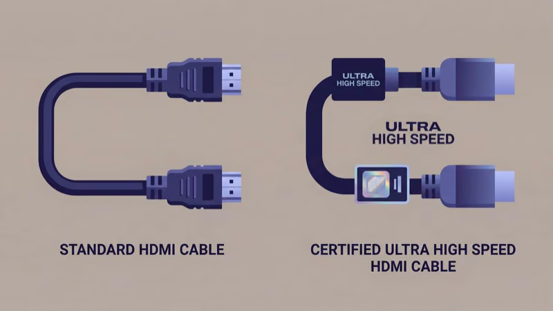 Standard HDMI cable compared to Ultra High Speed HDMI 2.1 cable