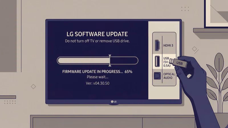 LG TV USB firmware installation process with FAT32 drive inserted in port