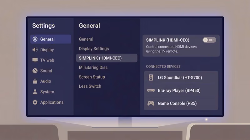 LG TV SimpLink HDMI-CEC settings menu showing toggle switch to disable