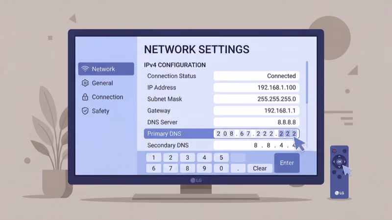 LG TV network settings showing DNS input fields for manual config