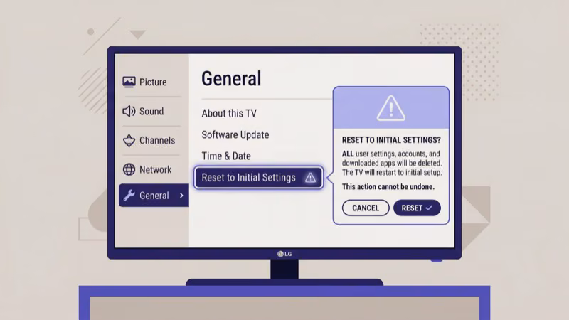 LG TV General menu with Reset to Initial Settings option