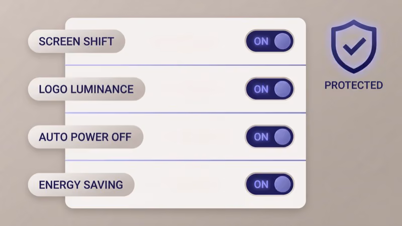 LG OLED Care settings stack with Screen Shift Logo Luminance and Energy Saving toggles enabled