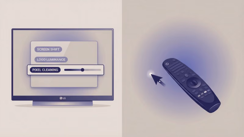 LG webOS Pixel Cleaning menu with Magic Remote pointing at highlighted start option