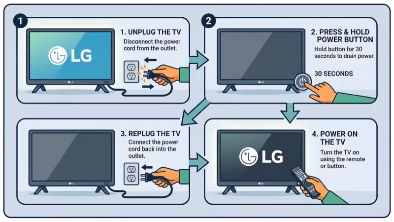 LG TV power cycle steps showing unplugging and waiting 60 seconds