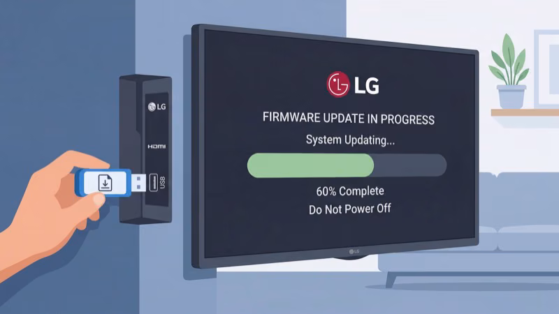 USB drive inserted into LG TV port for firmware reload during boot