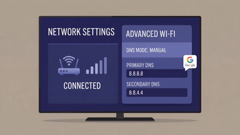 LG TV advanced Wi-Fi settings menu with Google DNS configuration entered