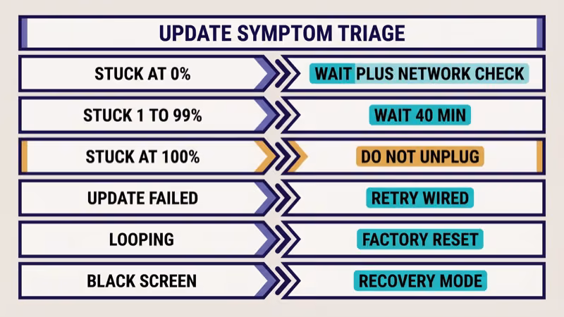 Decision tree showing six webOS update symptoms stuck at zero percent stuck between one and ninety nine percent stuck at one hundred percent update failed error looping updates and unresponsive TV with different first action for each