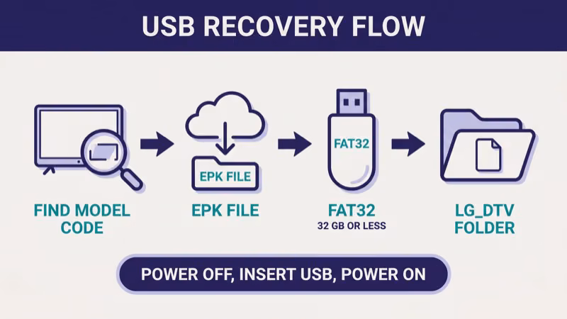 Four step USB recovery flow find model code download firmware EPK file format FAT32 drive and place EPK in LG DTV folder at root then power cycle TV and insert USB