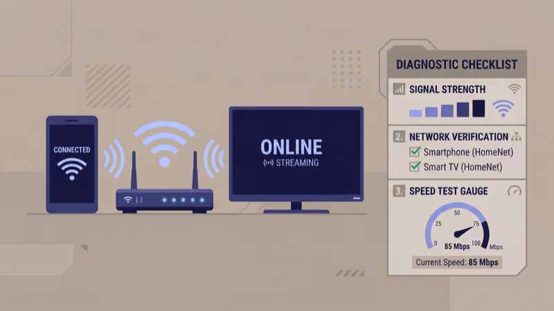 Wi-Fi router and streaming device showing connection troubleshooting steps