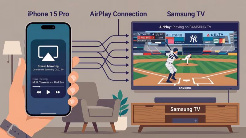 AirPlay icon in MLB At Bat app streaming game to Samsung TV