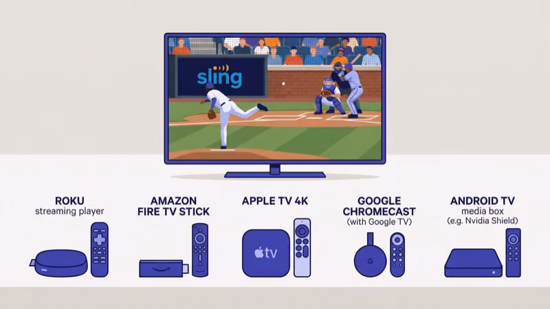 Compatible streaming devices for Sling TV including Roku Fire TV and Apple TV