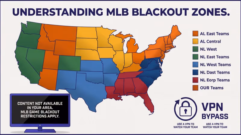 MLB blackout restriction map showing regional broadcast zones across the United States